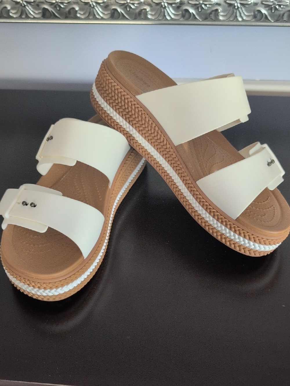 CROCS Women's Cream Double-Strap Platform Sandals with Tan Woven Midsole